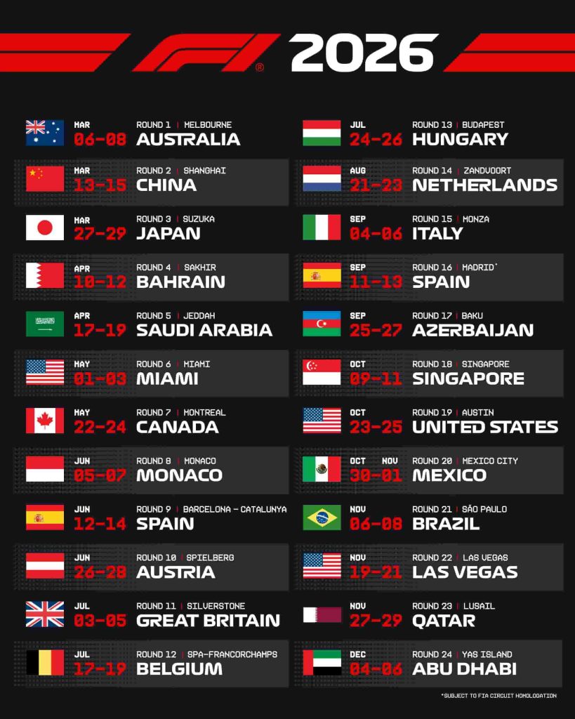 calendrier F1 saison 2026